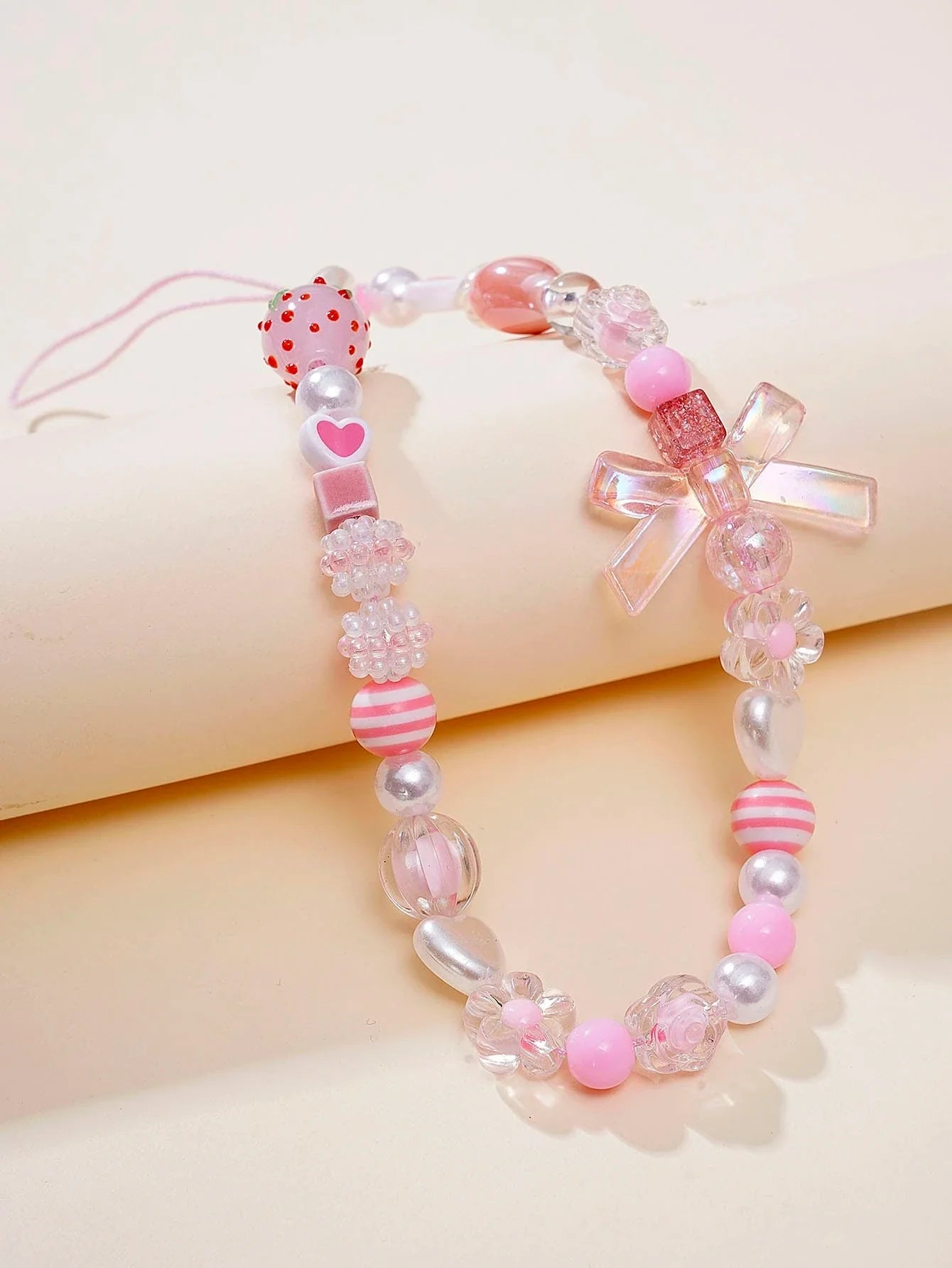 Pink Beaded Heart Bowknot & Rose Lanyard