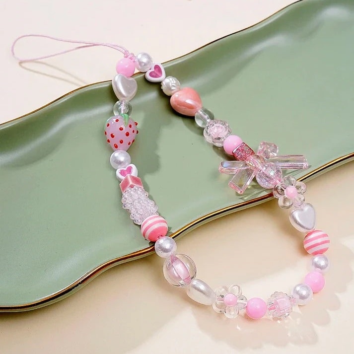 Pink Beaded Heart Bowknot & Rose Lanyard