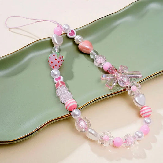 Pink Beaded Heart Bowknot & Rose Lanyard