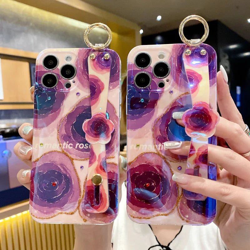 iPhone 14 Series - Purple Rose Wrist Strap Case