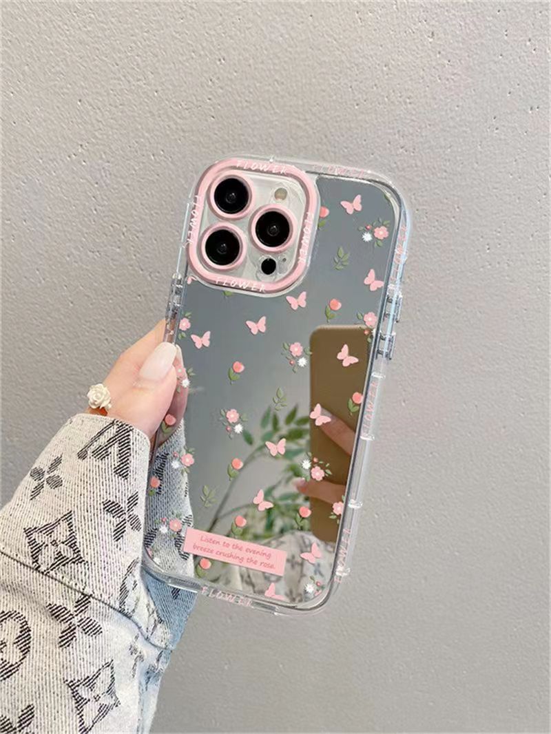 iPhone 14 Series - Pink Butterfly Floral Mirror Case