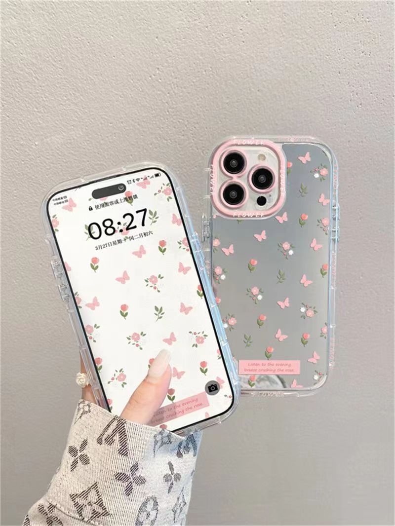 iPhone 14 Series - Pink Butterfly Floral Mirror Case