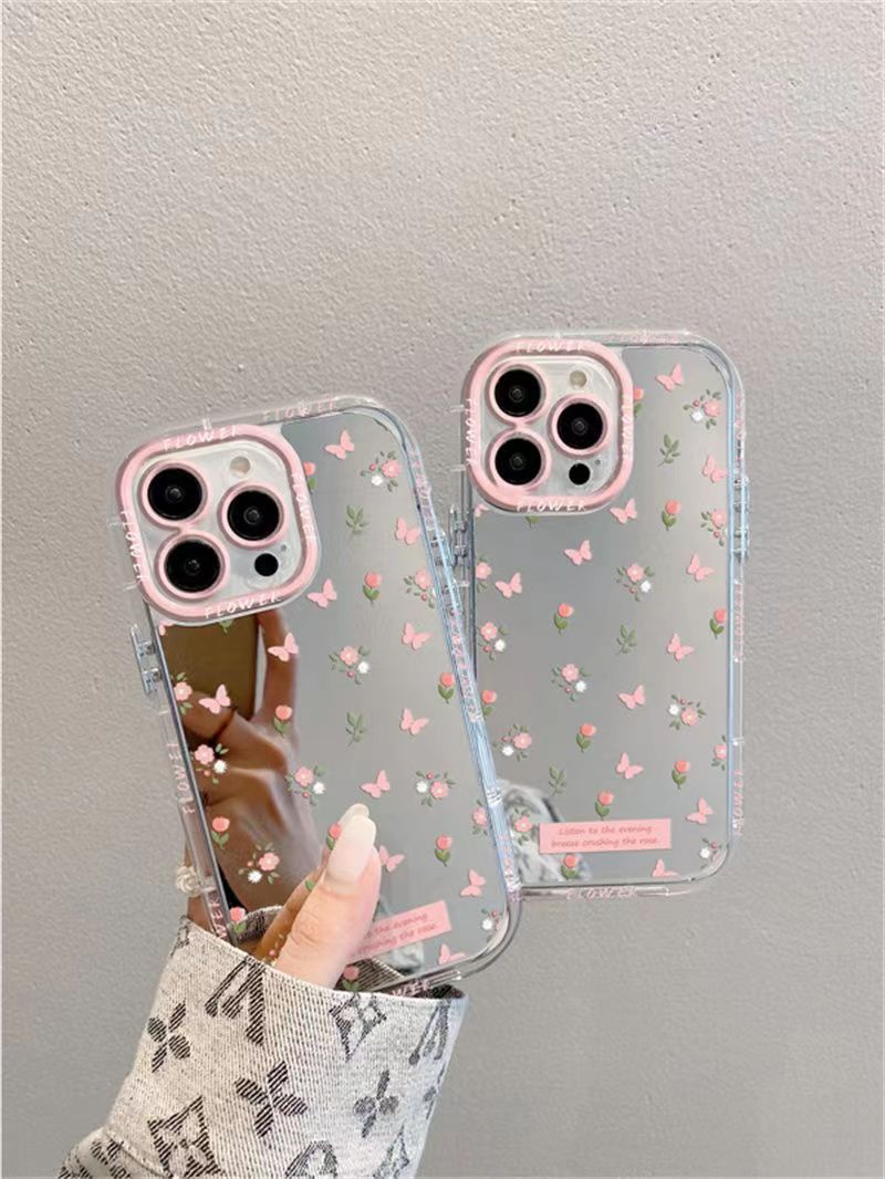 iPhone 14 Series - Pink Butterfly Floral Mirror Case