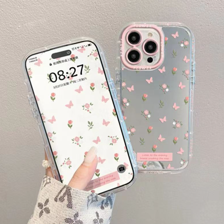 iPhone 14 Series - Pink Butterfly Floral Mirror Case