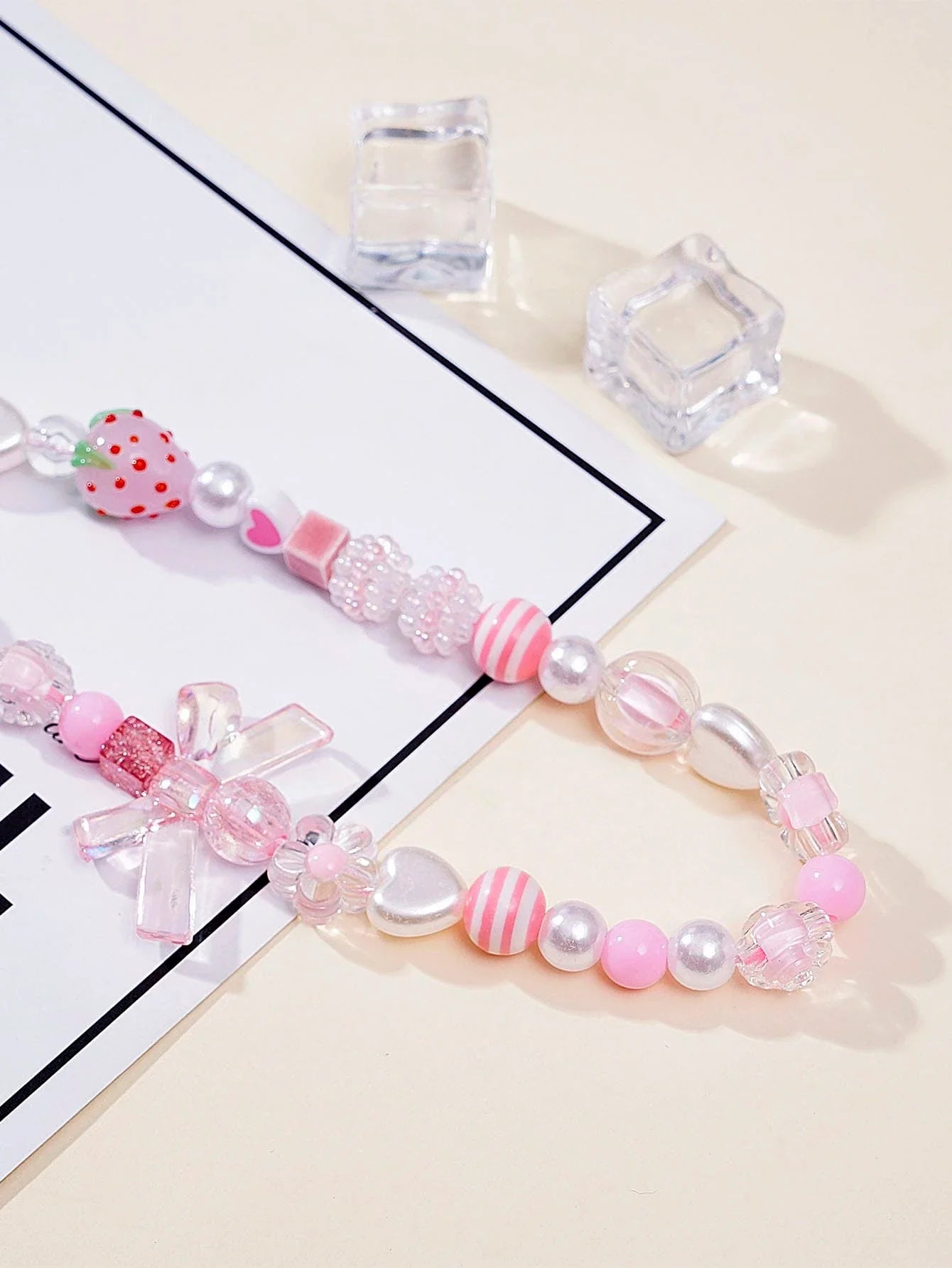 Pink Beaded Heart Bowknot & Rose Lanyard