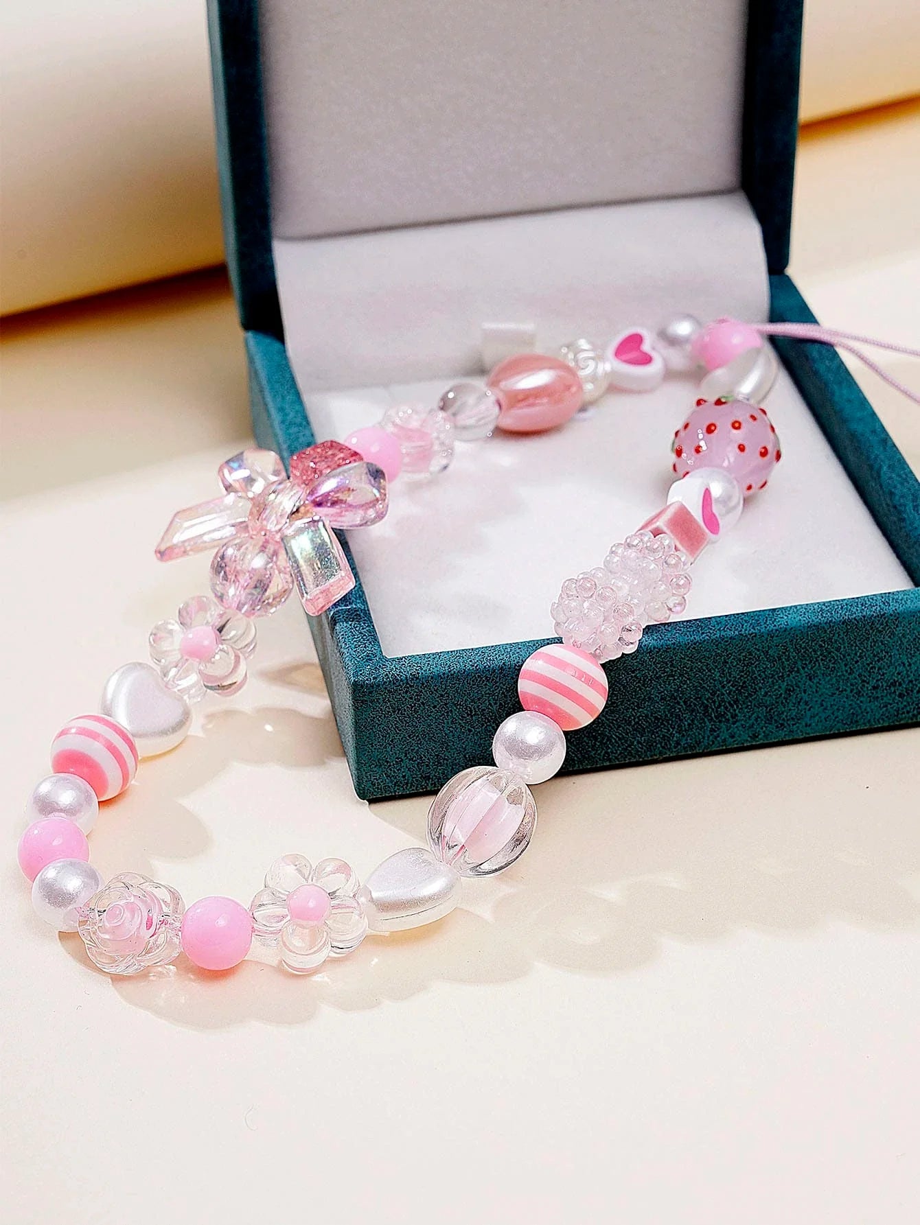 Pink Beaded Heart Bowknot & Rose Lanyard