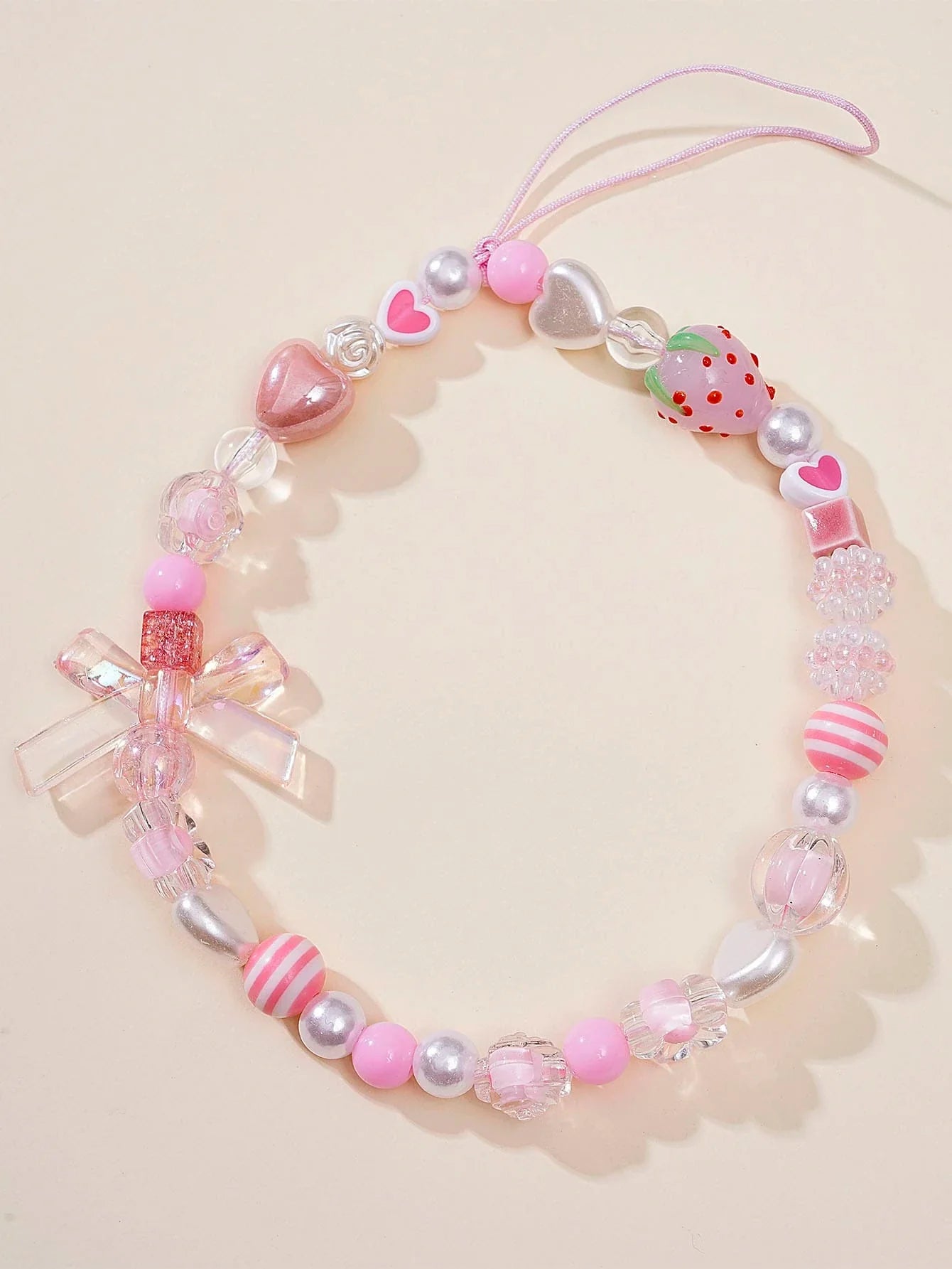 Pink Beaded Heart Bowknot & Rose Lanyard