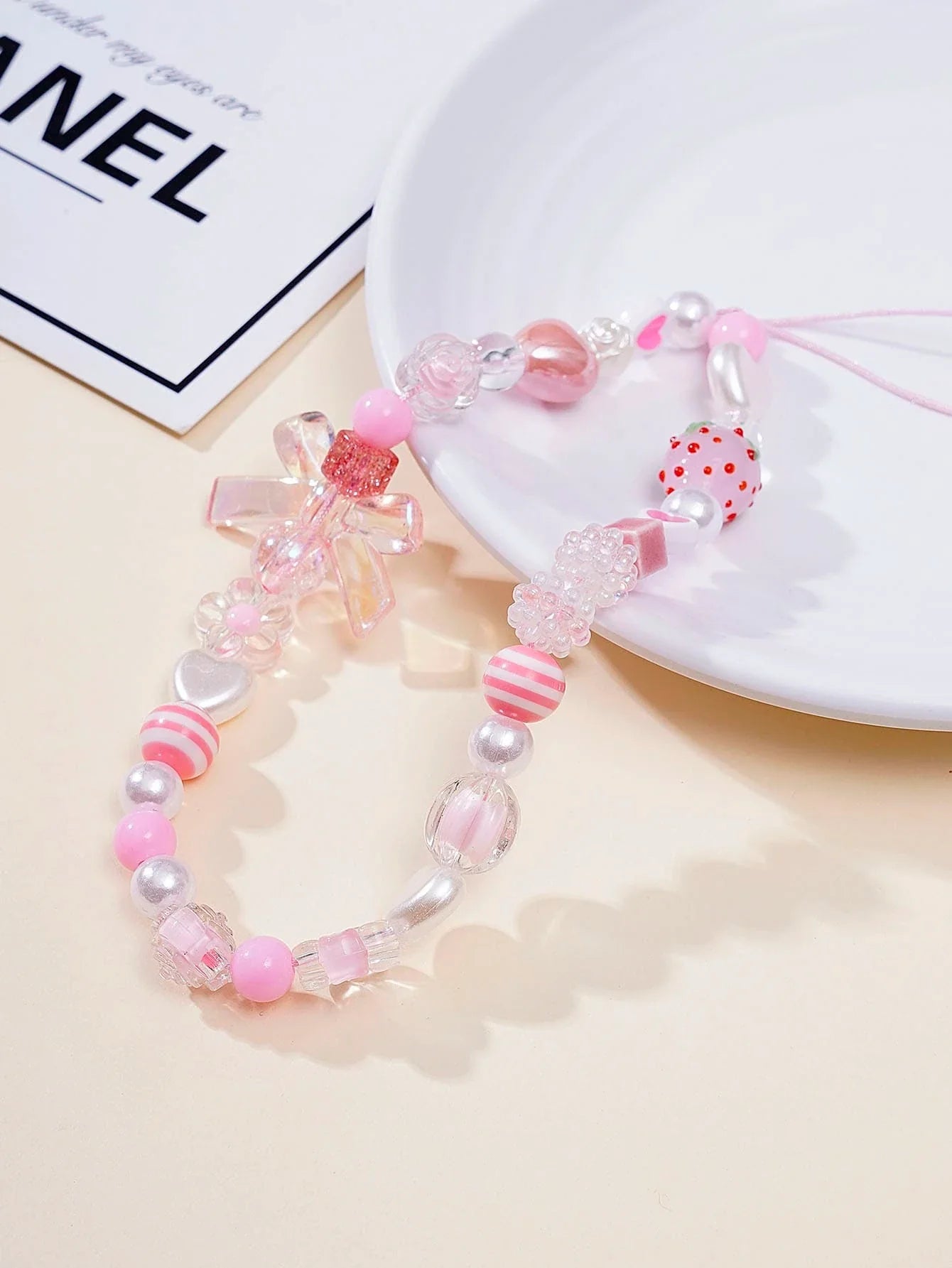 Pink Beaded Heart Bowknot & Rose Lanyard