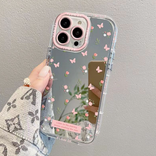 iPhone 14 Series - Pink Butterfly Floral Mirror Case