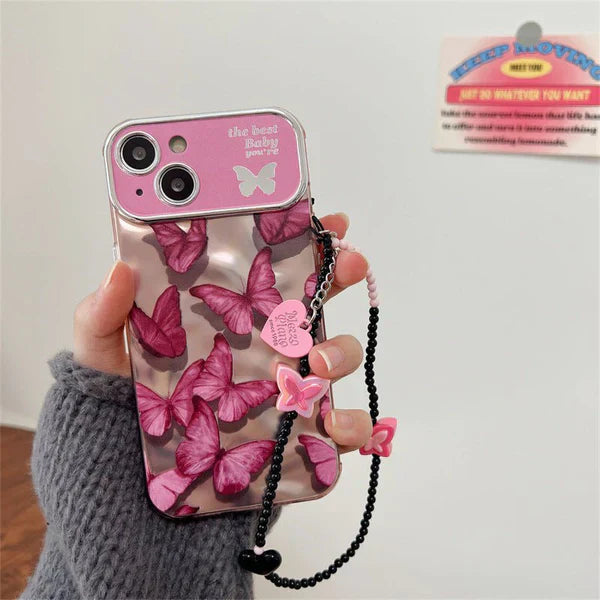 iPhone 14 Series - Pink Butterfly Case with Bracelet
